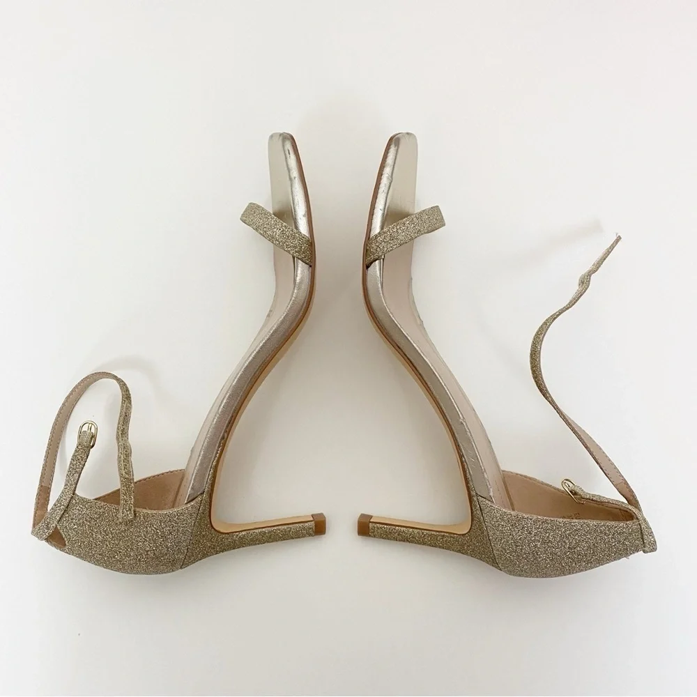 Stuart Weitzman Amelina Glitter Gold Ankle Strap Sandals Heels